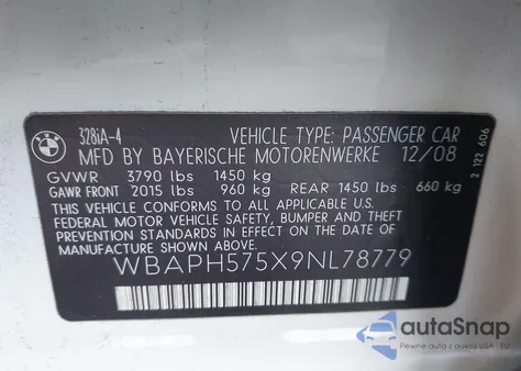 2009 BMW 328I z USA, uszkodzony, nr VIN WBAPH575X9NL78779